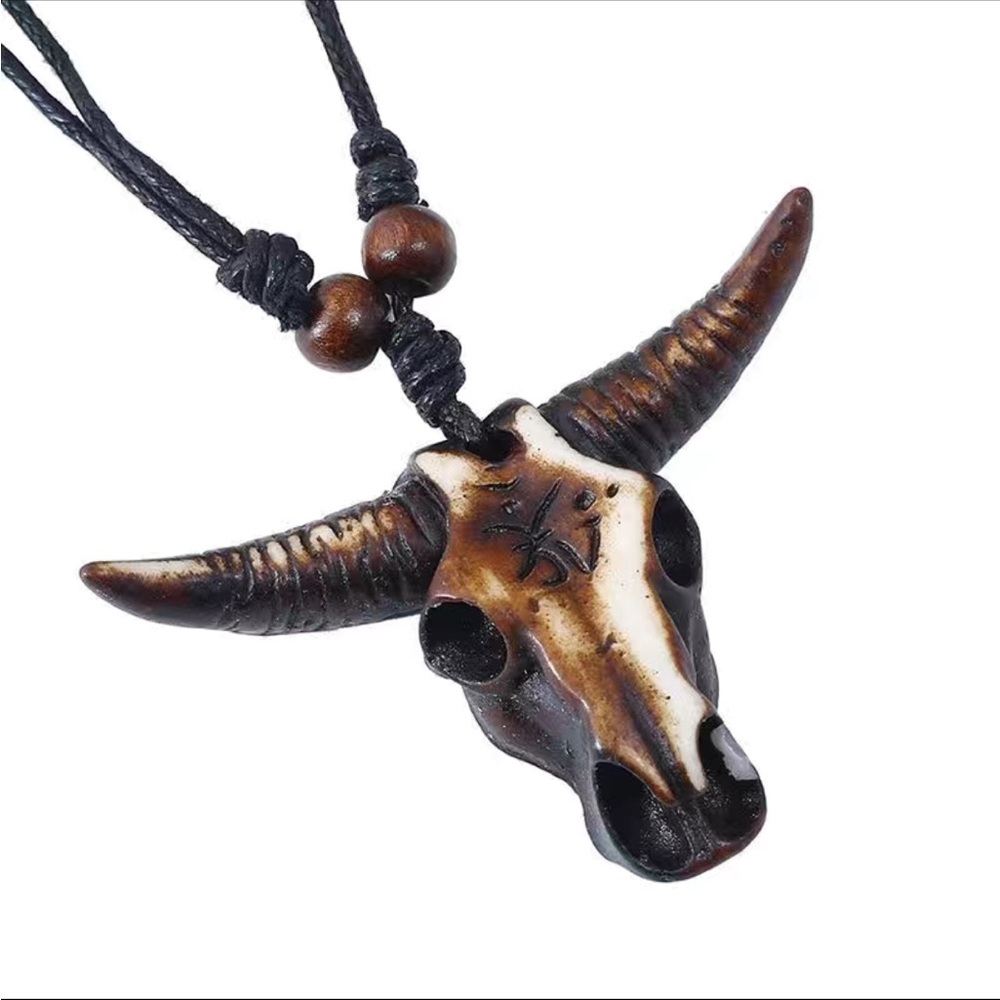 Wooden Bull Head Pendant Unisex Necklace